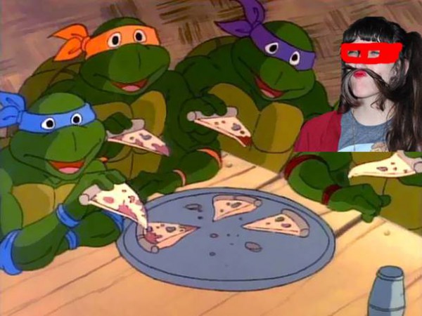 baby ninja turtles eating pizza